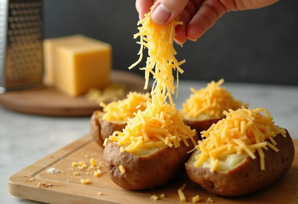 Käse wird über gefüllte Ofenkartoffeln für Ofenkartoffeln mit Thunfisch und Käse gestreut.