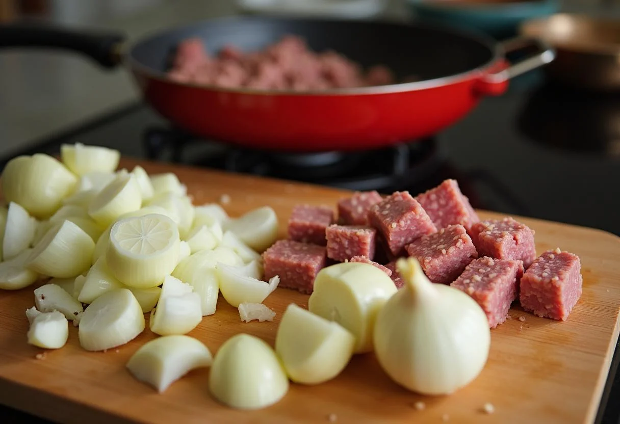 Hackfleisch und sautierte Zwiebeln, die zusammen für die Füllung von Oma Ittas Quinoa-Hack-Schichtauflauf kochen.