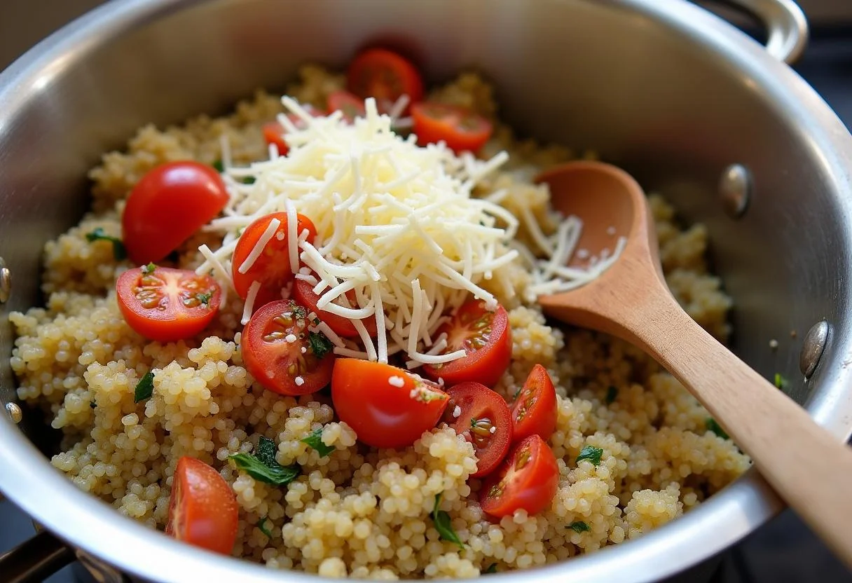 Quinoa, Fleisch und Käse für Oma Ittas Quinoa-Hack-Schichtauflauf-Füllung mischen.