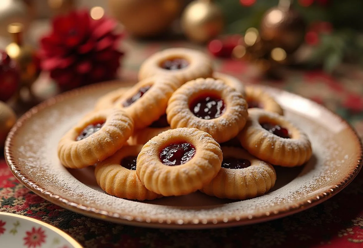 Fertige Oma Kissingers beste Plätzchen der Welt, verziert und servierfertig auf einem rustikalen Holzbrett mit Weihnachtsdekor.