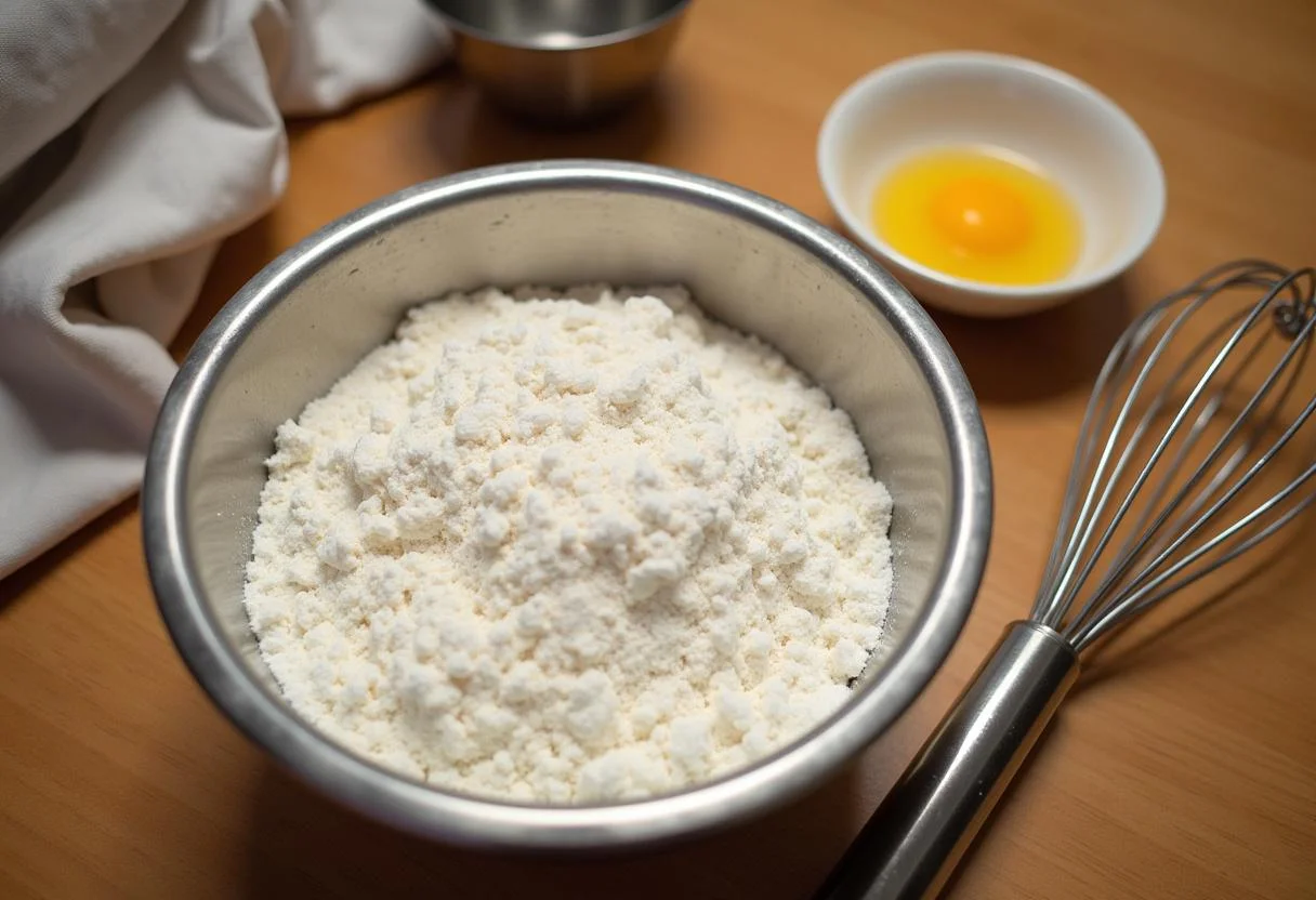 Sorgfältig abgemessene Zutaten für Oma Kissingers beste Plätzchen der Welt auf Holztisch arrangiert.