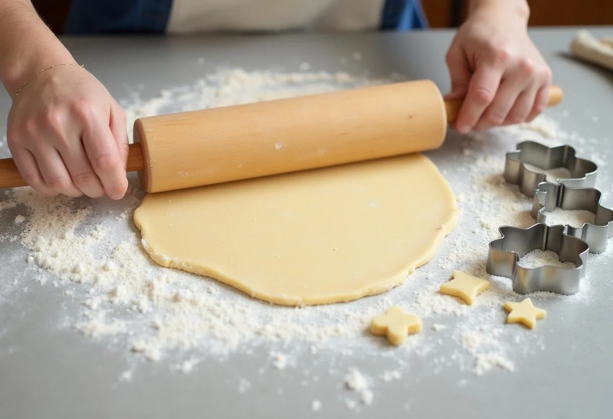Ausgerollter Plätzchenteig mit verschiedenen Ausstechformen bereit zum Ausstechen.