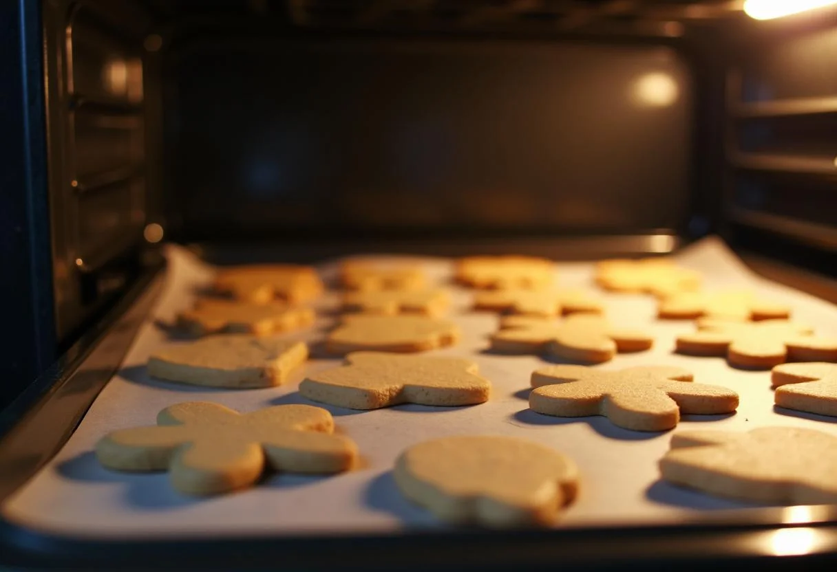 Goldbraun gebackene Plätzchen auf Backblech mit Holzspatel zum Abnehmen bereit.