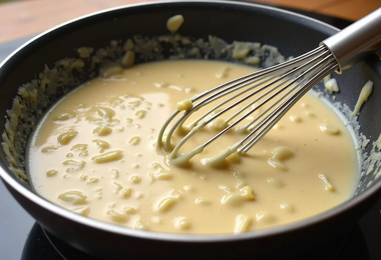 Cremige Sauce für Hühnerfrikassee wird in einer Pfanne mit Zwiebeln und Mehl zubereitet.