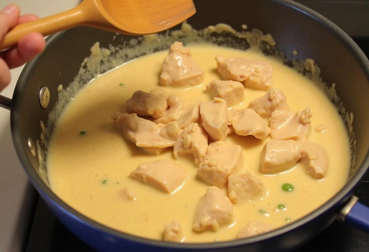 Hühnchenstücke werden der Sauce für Hühnerfrikassee hinzugefügt, um das Gericht zu vervollständigen.