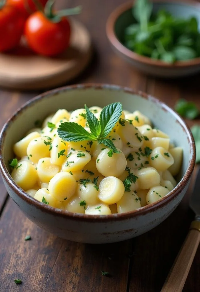 Fertiger Omas Kartoffelsalat mit Mayonnaise, ideal für deutsche Feierlichkeiten.