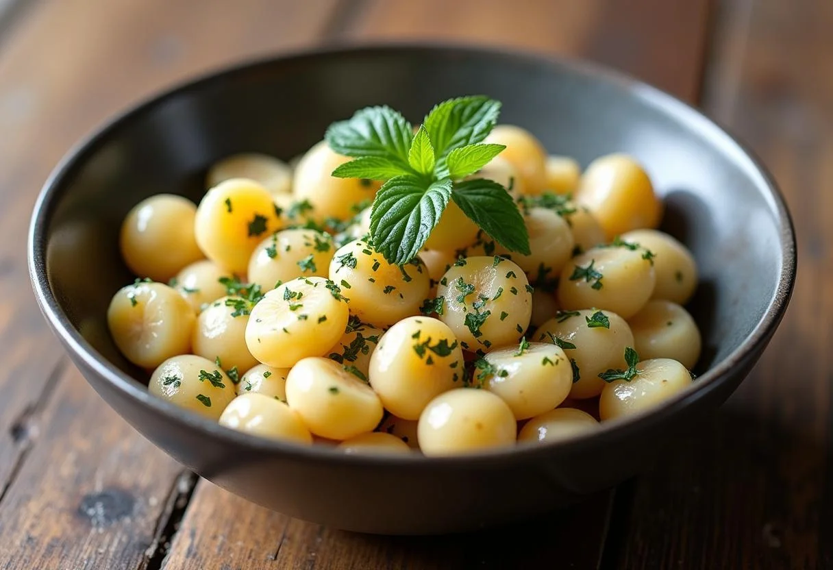 Fertiger Omas Kartoffelsalat mit Mayonnaise, ideal für deutsche Feierlichkeiten.