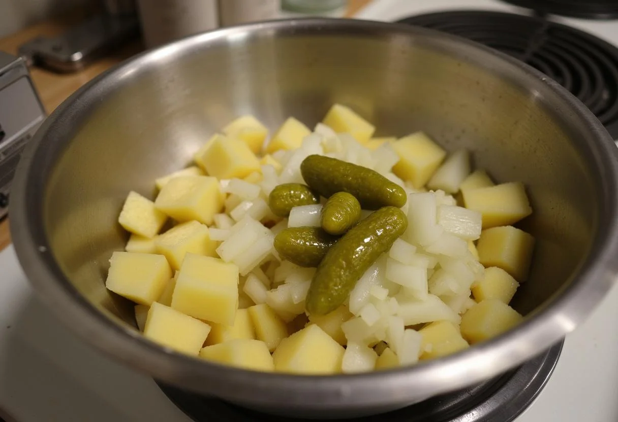Gegarte und gewürfelte Kartoffeln, Zwiebeln und Gewürzgurken für Omas Kartoffelsalat.