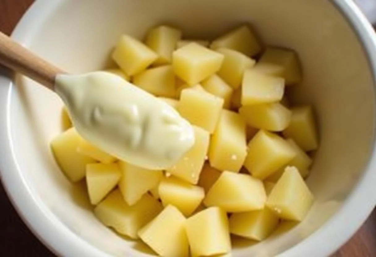 Mayonnaise wird dem Kartoffelsalat hinzugefügt für Omas Kartoffelsalat mit Mayonnaise.