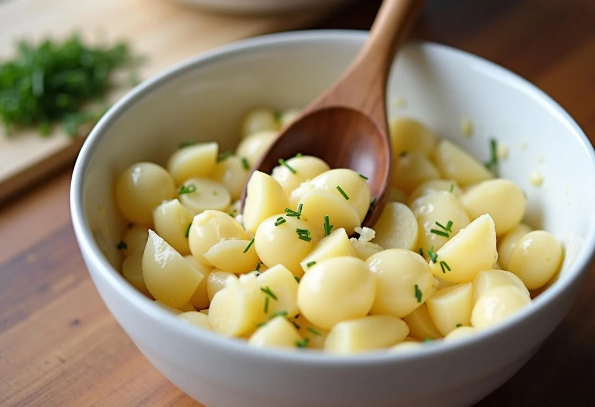 Die Zutaten für Omas Kartoffelsalat mit Mayonnaise werden sorgfältig vermischt.