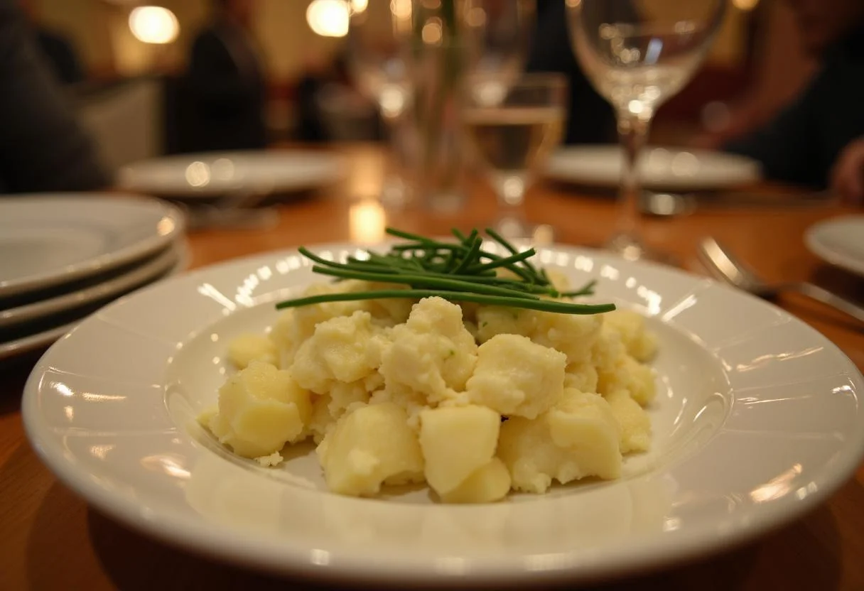 Omas Kartoffelsalat mit frischen Schnittlauch garnieren, bereit zum Servieren.