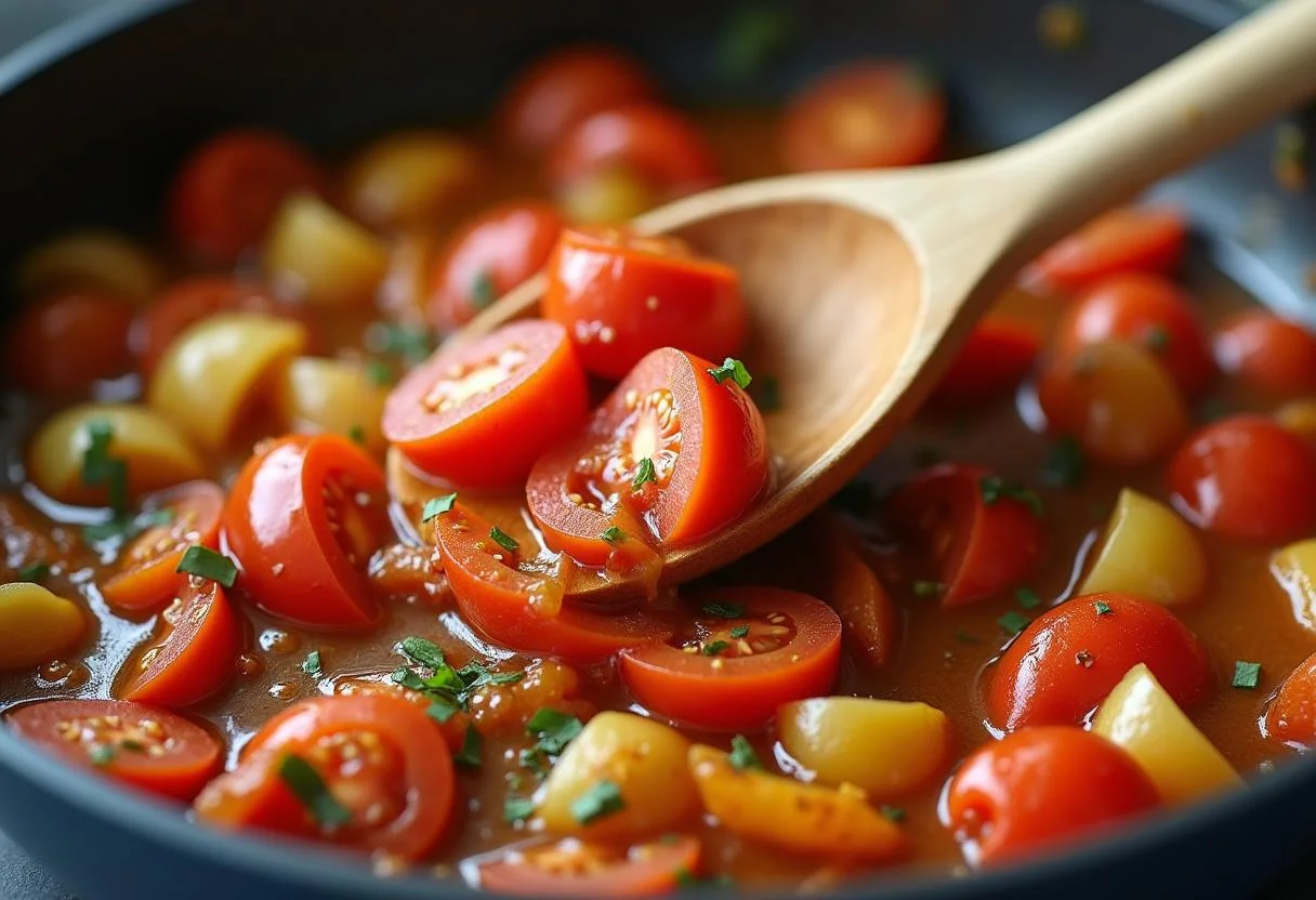 Zerkleinerte Tomaten werden in den Topf für Omas Pizzasuppe gegossen.