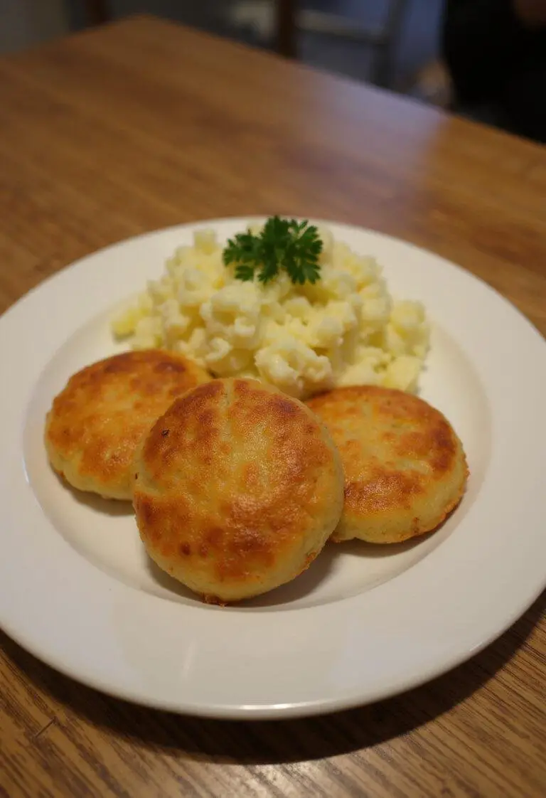 Finished Omas beste Frikadellen served with potato salad, perfect for a hearty meal.