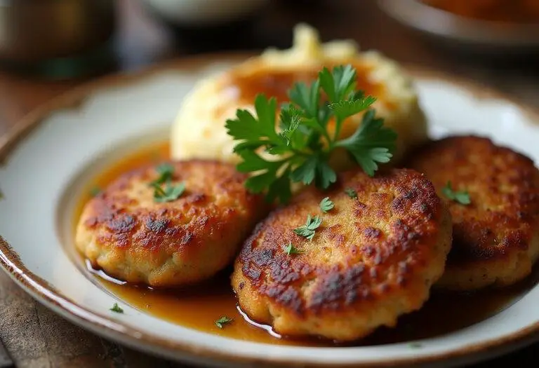 Golden-brown Omas beste Frikadellen served with mashed potatoes and gravy.