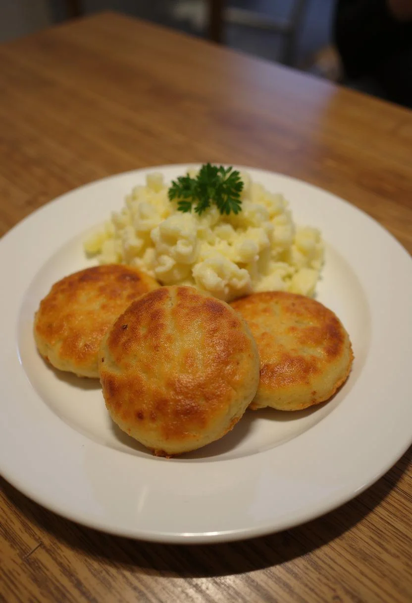 Golden-brown Omas beste Frikadellen served with mashed potatoes and gravy.