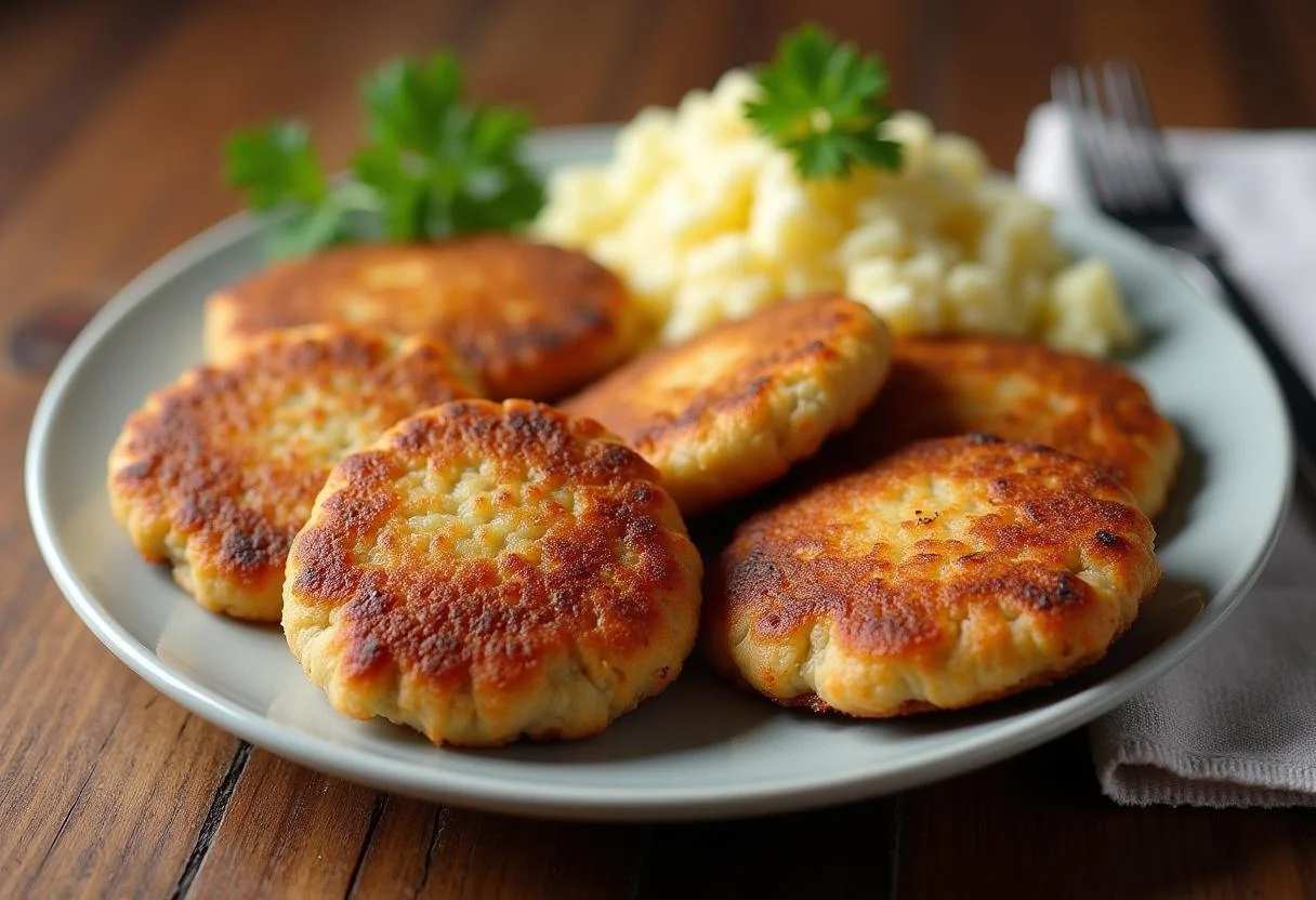 Golden-brown Omas beste Frikadellen served with mashed potatoes and gravy.
