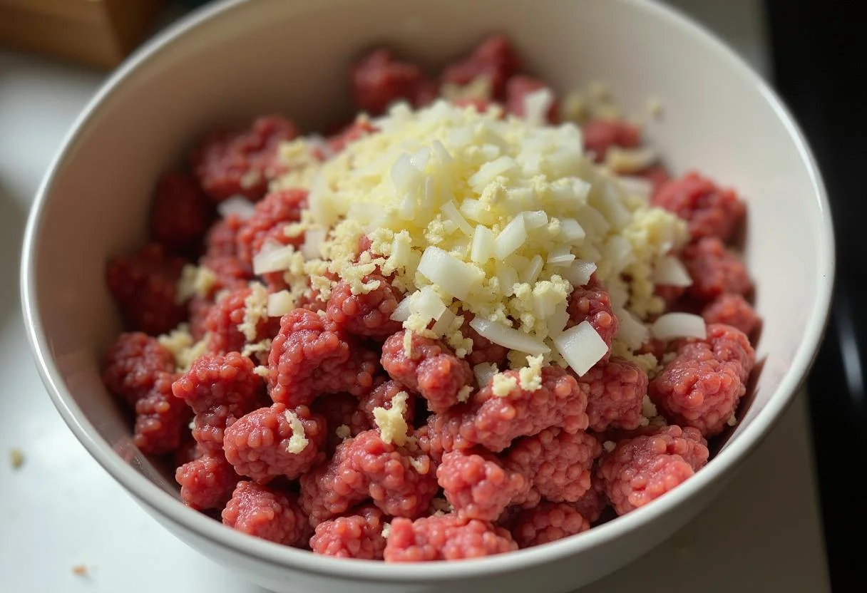 Ground beef, breadcrumbs, and onions in a bowl for making Omas beste Frikadellen.