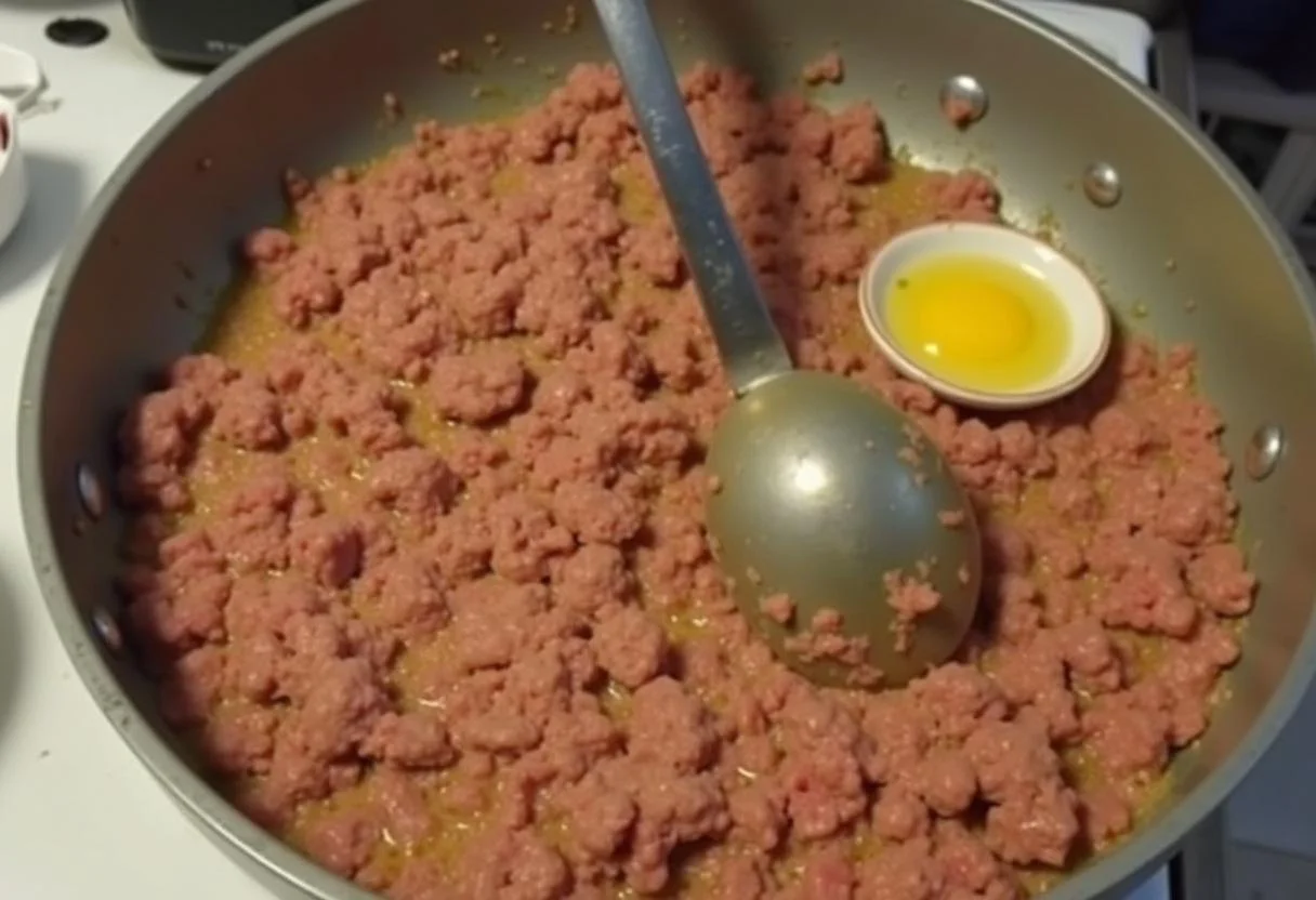 Seasoning the meat mixture for Omas beste Frikadellen with salt, pepper, and parsley.