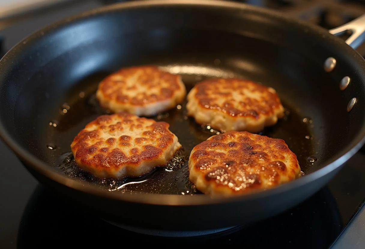 Skillet heating with oil for frying Omas beste Frikadellen.
