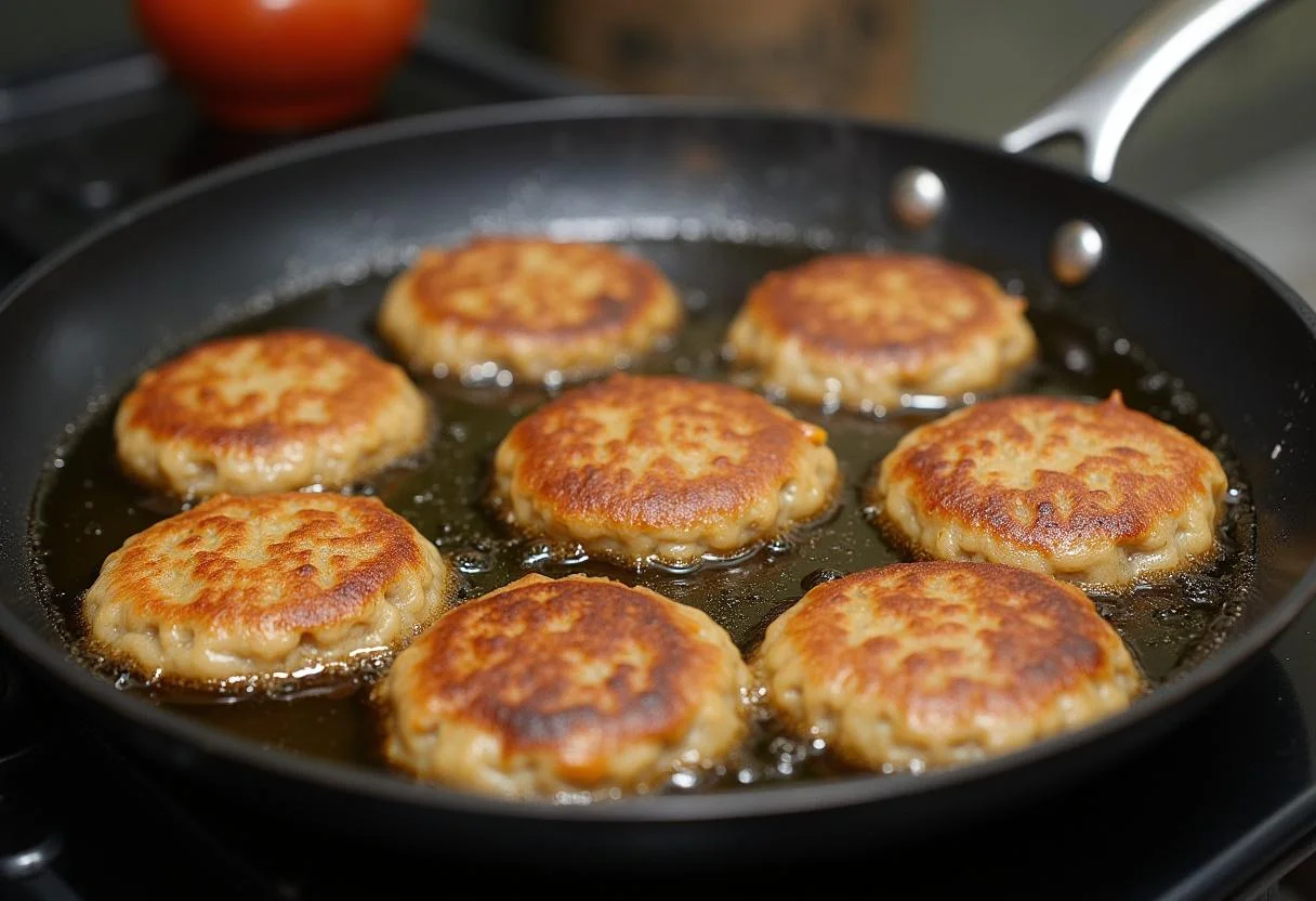 Shaped Frikadellen frying in a skillet for Omas beste Frikadellen.