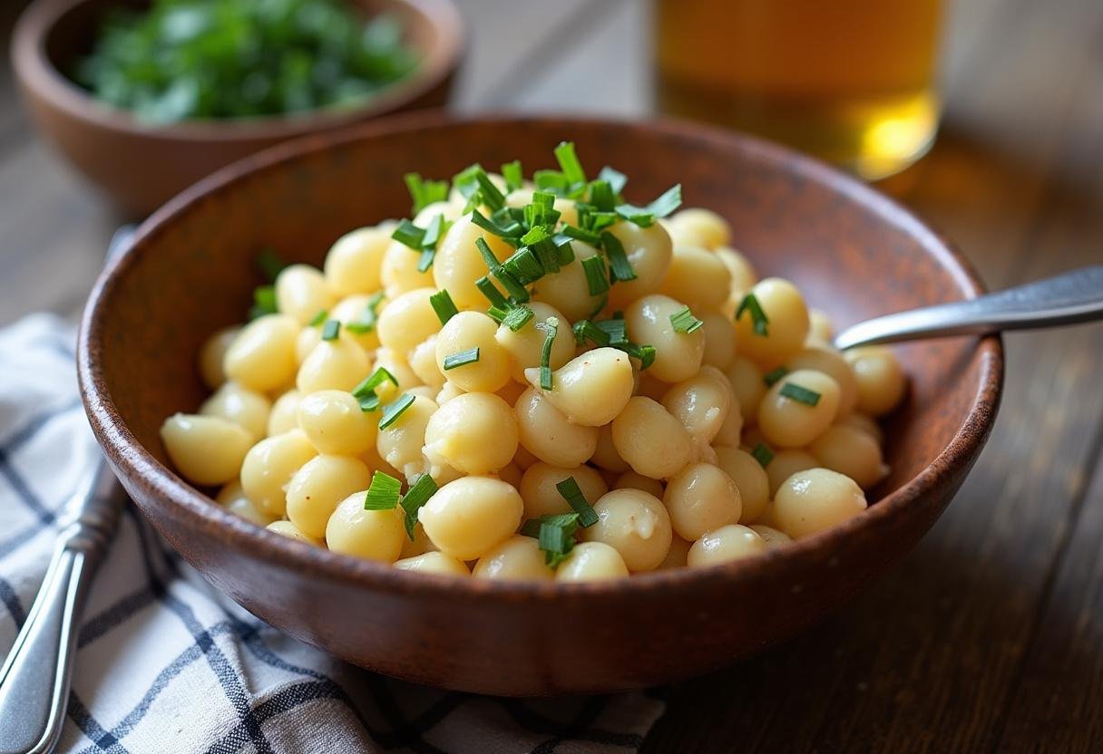 Traditioneller Kartoffelsalat mit Mayonnaise, garniert mit Schnittlauch, serviert auf einem karierten Tischtuch.