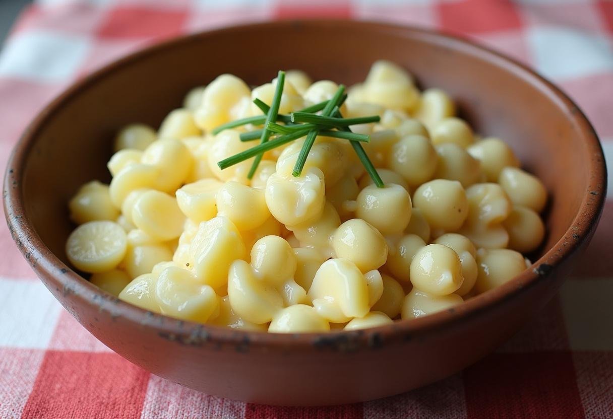Traditioneller Kartoffelsalat mit Mayonnaise, garniert mit Schnittlauch, serviert auf einem karierten Tischtuch.