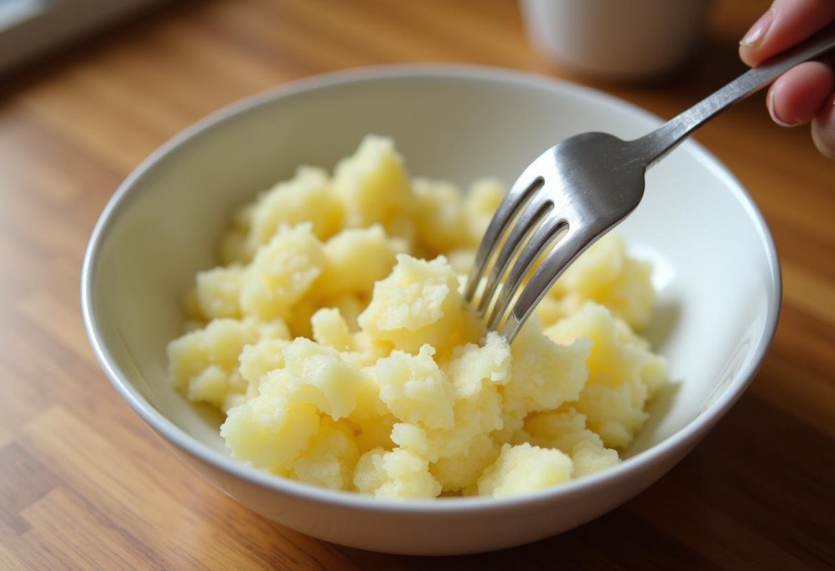 Gekochte Kartoffeln werden mit einer Gabel zerdrückt für den Kartoffelsalat.