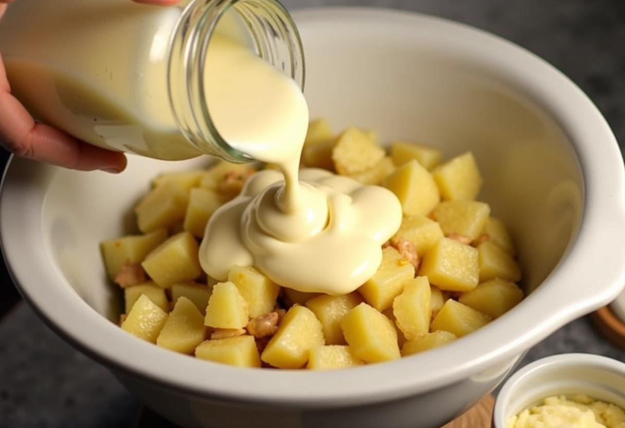 Mayonnaise-Dressing wird über den Kartoffelsalat gegeben.