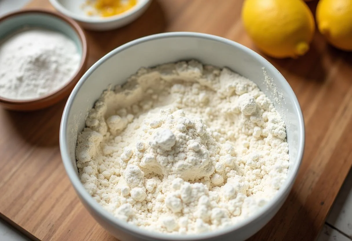 Zutaten für Ombre Citrus Kuchen vorbereitet, mit Mehl, Zucker und Zesten von Zitrusfrüchten.