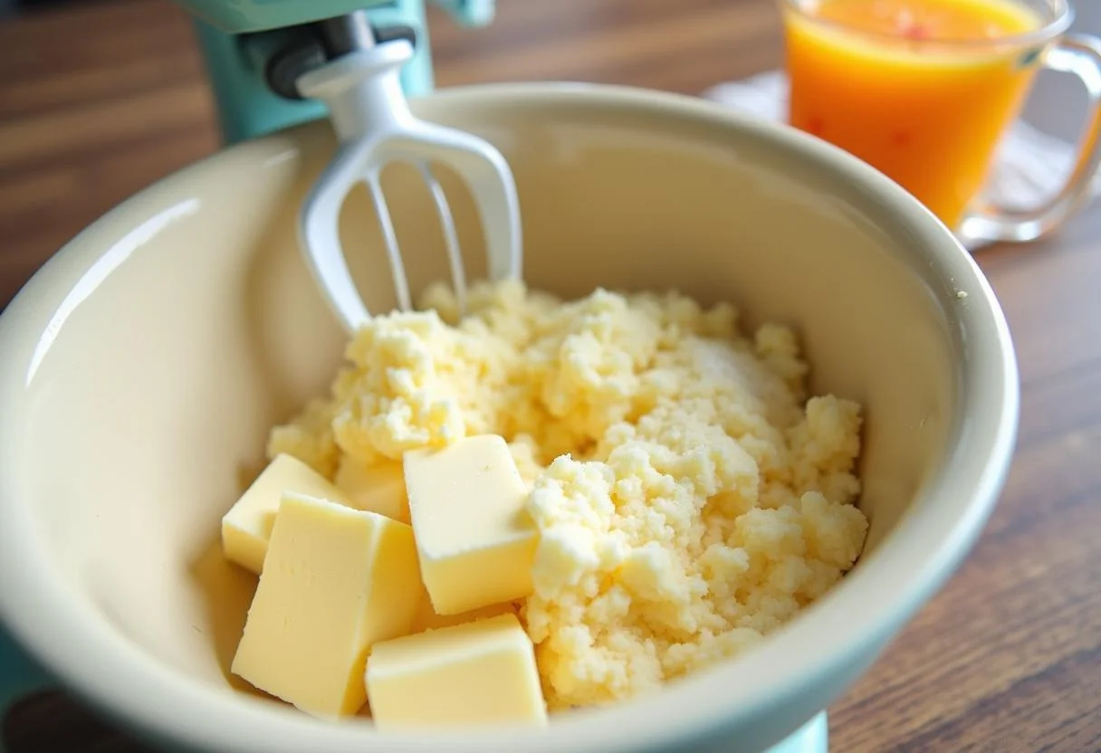 Butter und Zucker werden für den Ombre Citrus Kuchen gemischt, mit frisch gepresstem Orangensaft daneben.