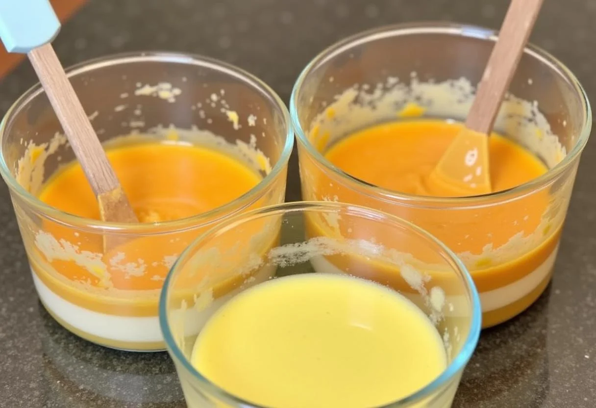 Drei Farbschichten des Teigs für den Ombre Citrus Kuchen, bereit zum Schichten und Backen.