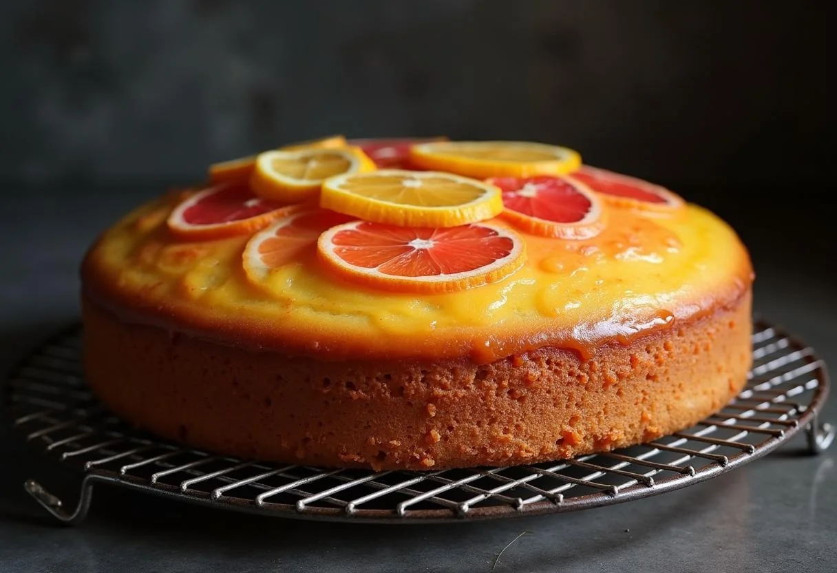 Frisch gebackener Ombre Citrus Kuchen, der auf einem Kuchengitter abkühlt, mit Zitrusfrüchten dekoriert.