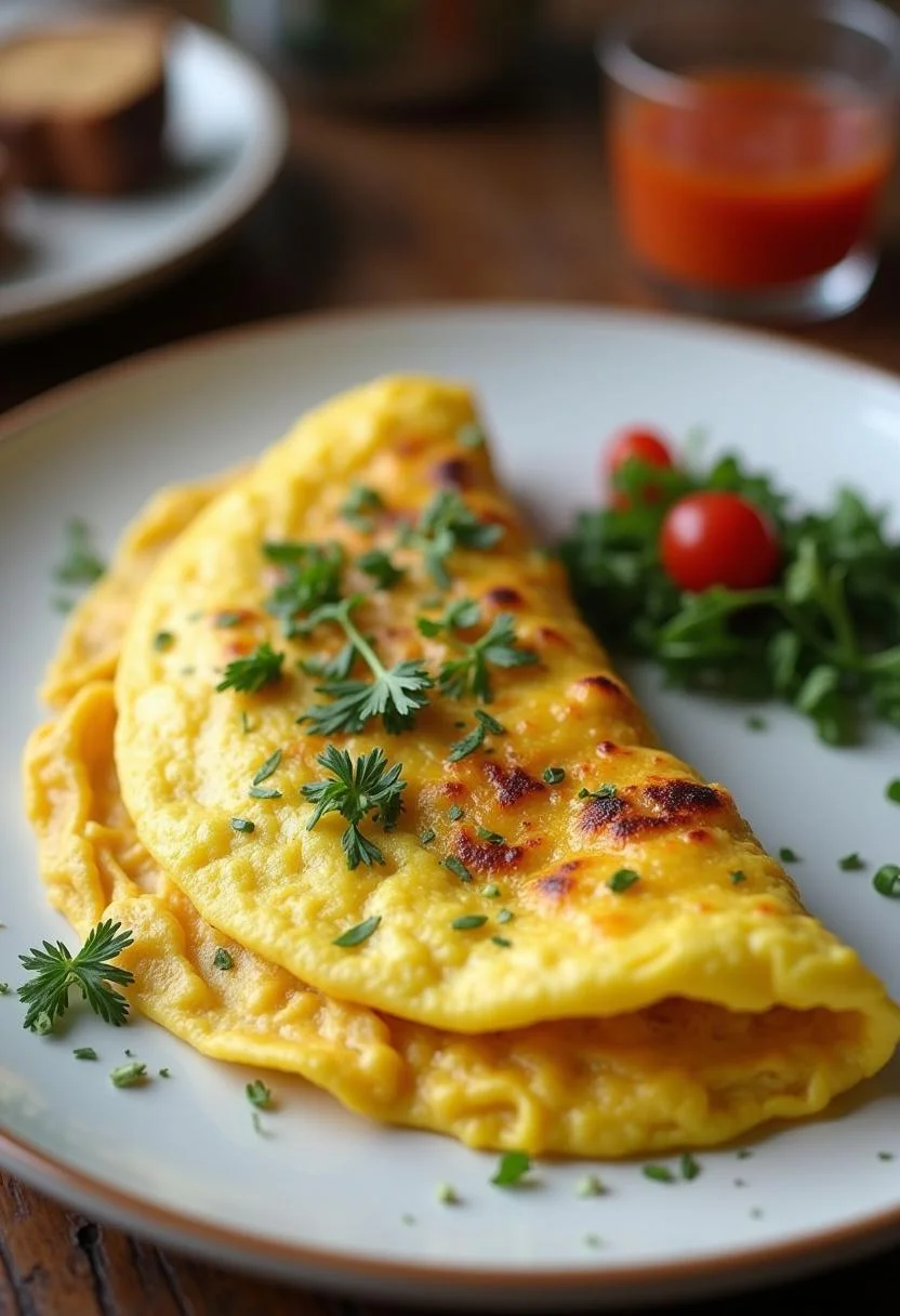 Fertiges Omelett Verbrennt Bauchfett, hübsch angerichtet und garniert, ideal für ein gesundes Frühstück.