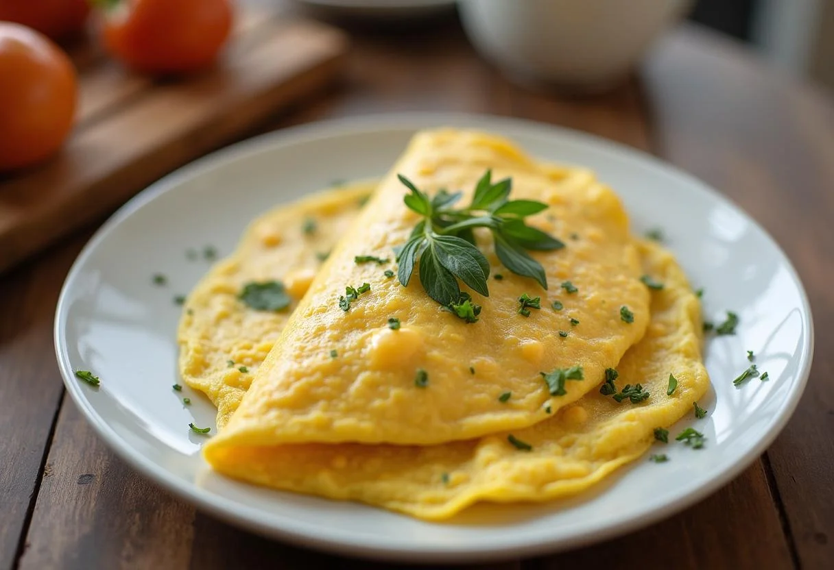 Fertiges Omelett Verbrennt Bauchfett, hübsch angerichtet und garniert, ideal für ein gesundes Frühstück.
