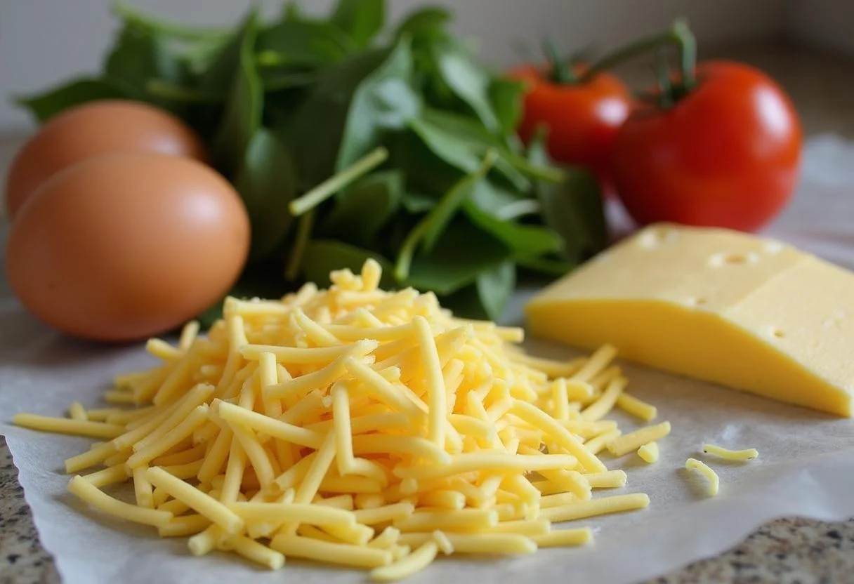 Zutaten für Omelett Verbrennt Bauchfett auf dem Küchentisch, einschließlich Eier, Spinat, Tomaten und Käse.