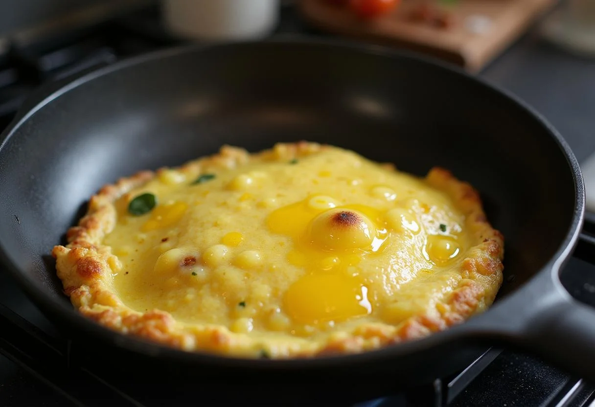 Pfanne auf dem Herd mit Olivenöl, bereit zum Kochen des Omeletts Verbrennt Bauchfett.
