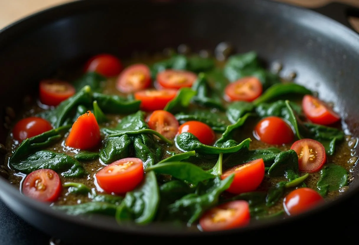Spinat und Tomaten in der Pfanne für Omelett Verbrennt Bauchfett, die in der Hitze köcheln.