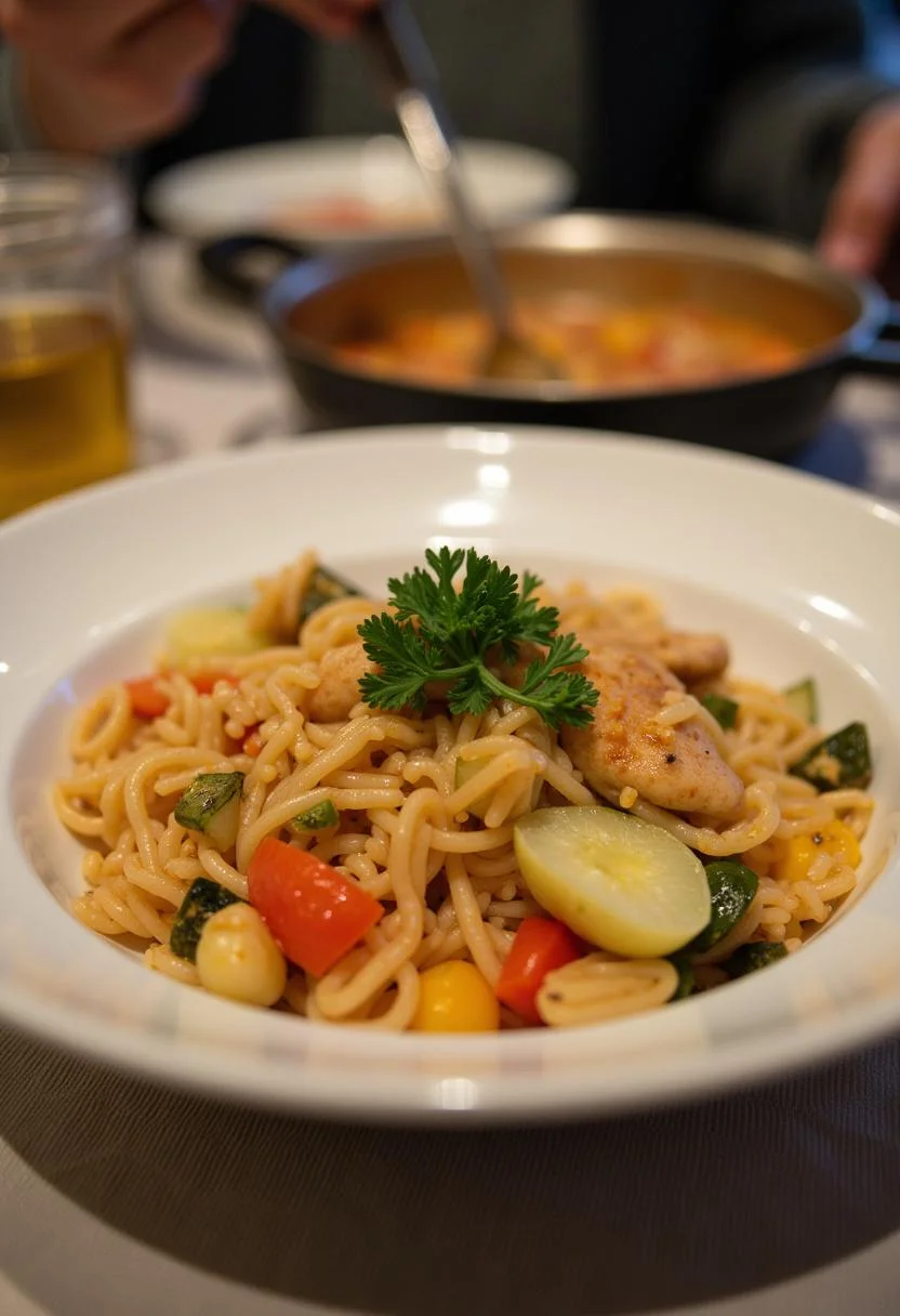 Fertige One Pot Orzo Pasta mit Hähnchen, serviert in einer dekorativen Schüssel.