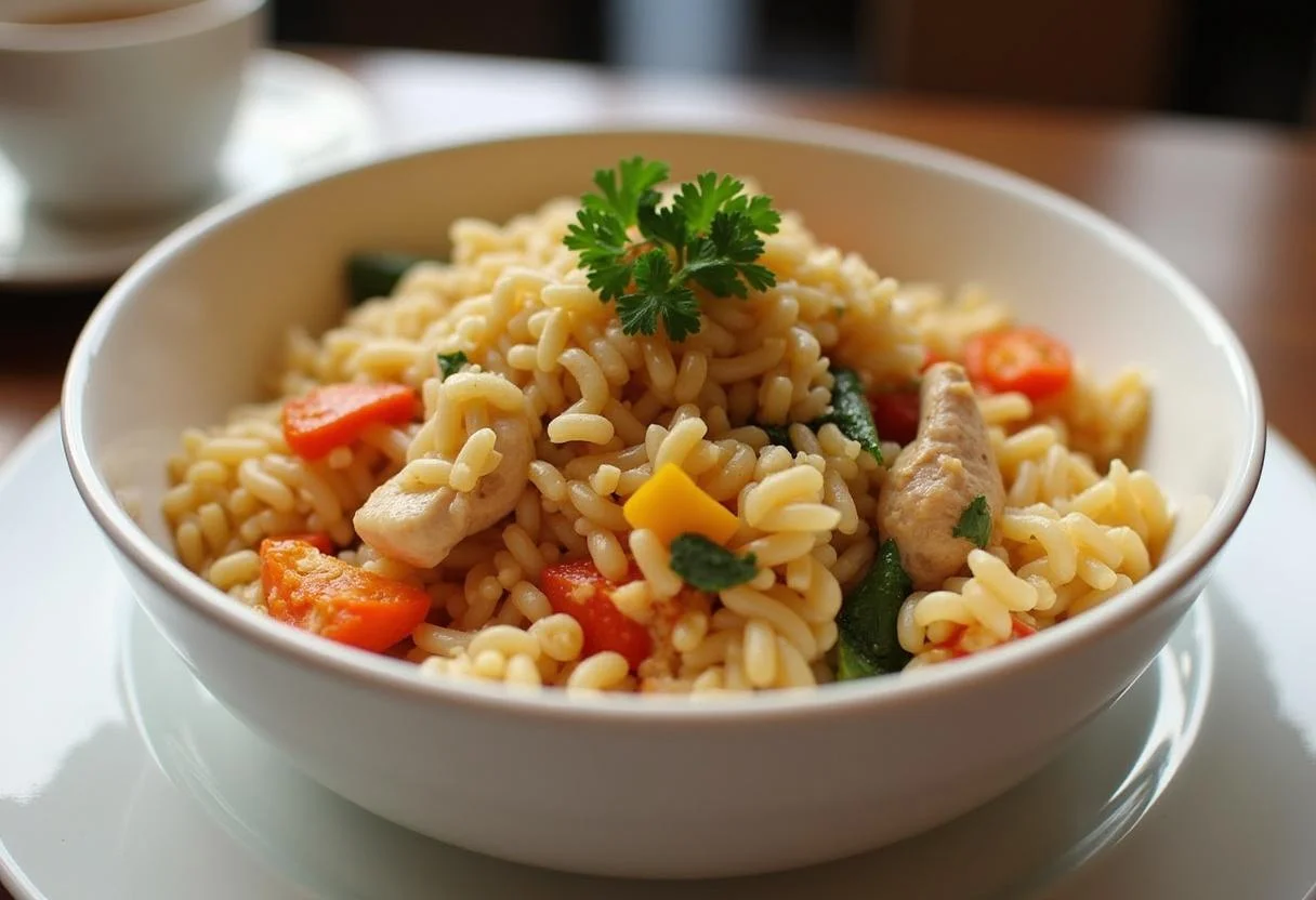 Fertige One Pot Orzo Pasta mit Hähnchen, serviert in einer dekorativen Schüssel.