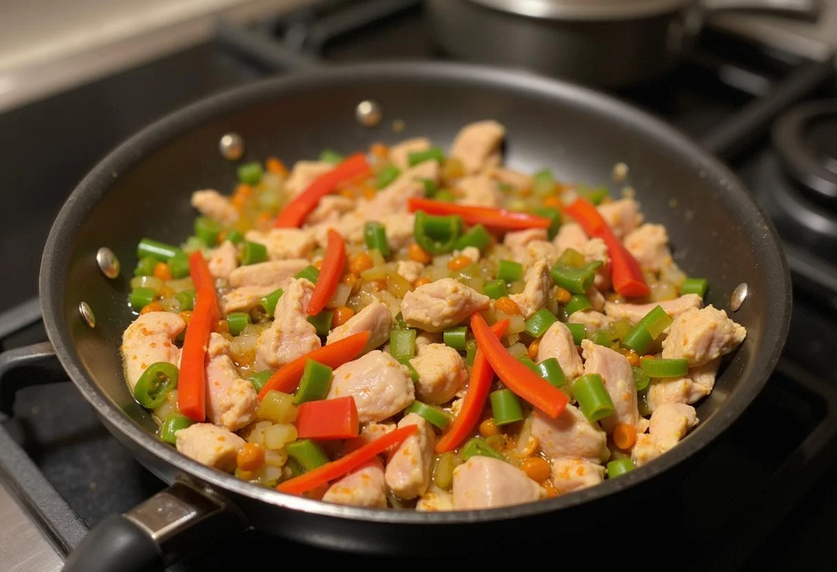 Hähnchenstücke und Gemüse werden in einem Topf für One Pot Orzo Pasta angebraten.