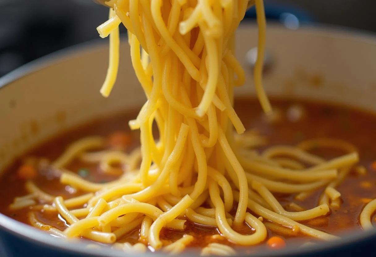 Orzo Pasta wird in den Topf für das One Pot Orzo Pasta mit Hähnchen gegeben.
