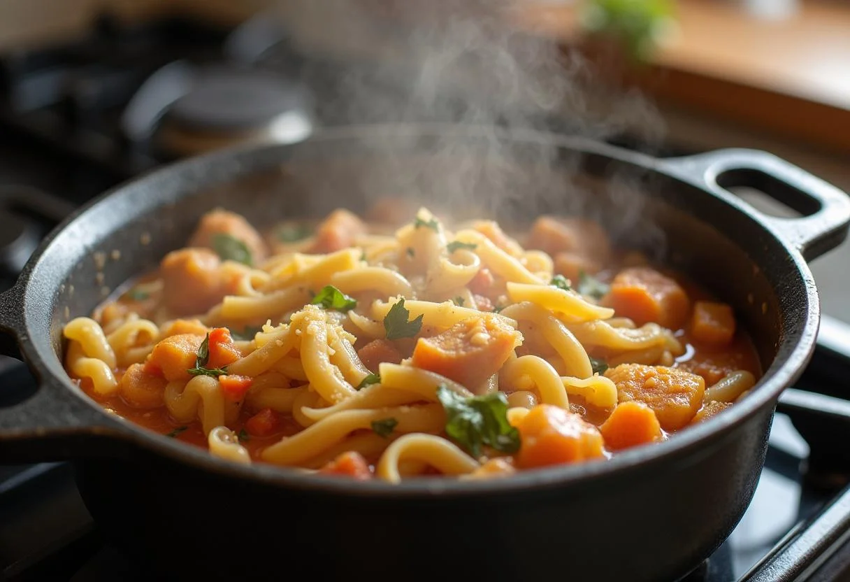 Das One Pot Orzo Pasta kocht auf dem Herd mit Hähnchen und Gemüse.