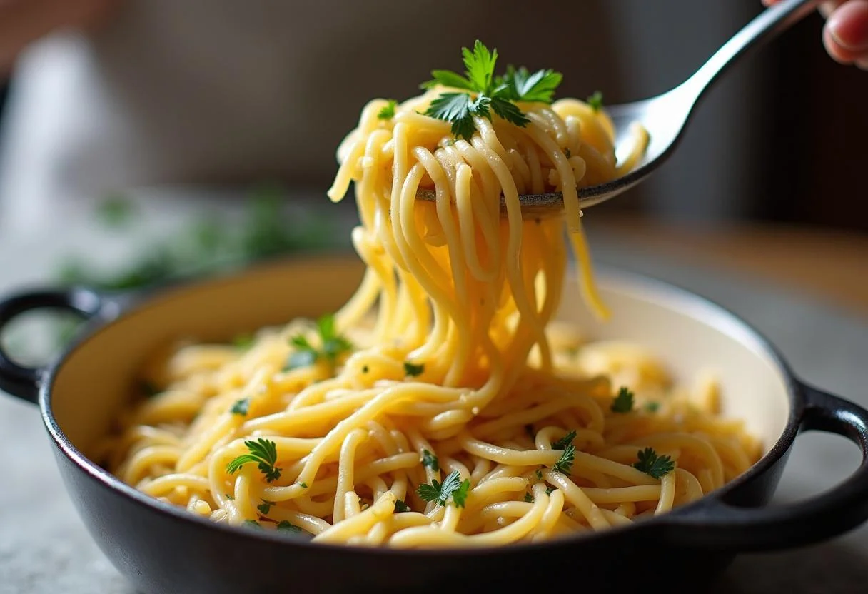 Servieren des fertigen One Pot Orzo Pasta mit Hähnchen in einer Schüssel.