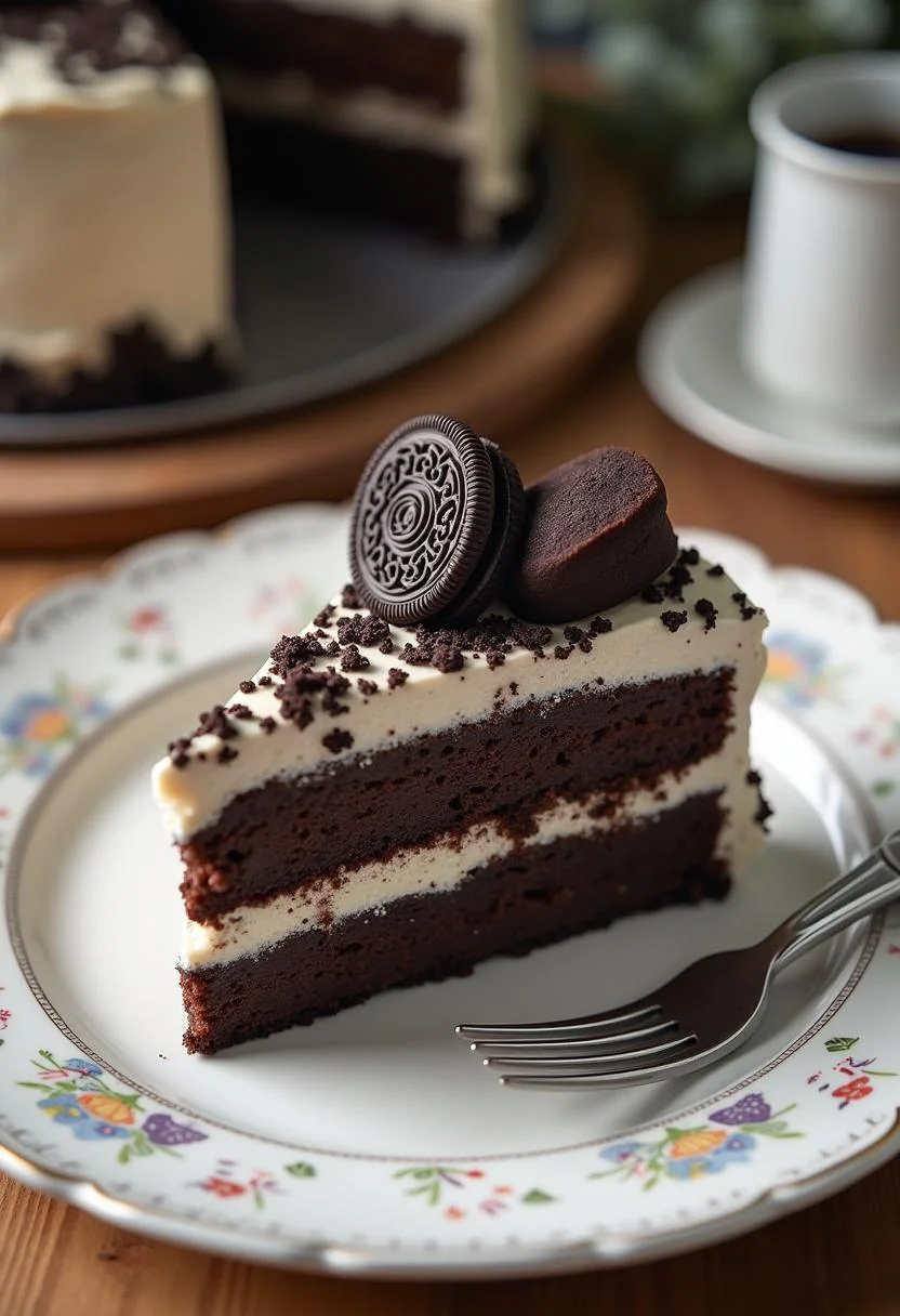 Fertiger Oreo-Kuchen mit Sahnecreme und Schokoladen-Biskuitkuchen, ideal zum Servieren.