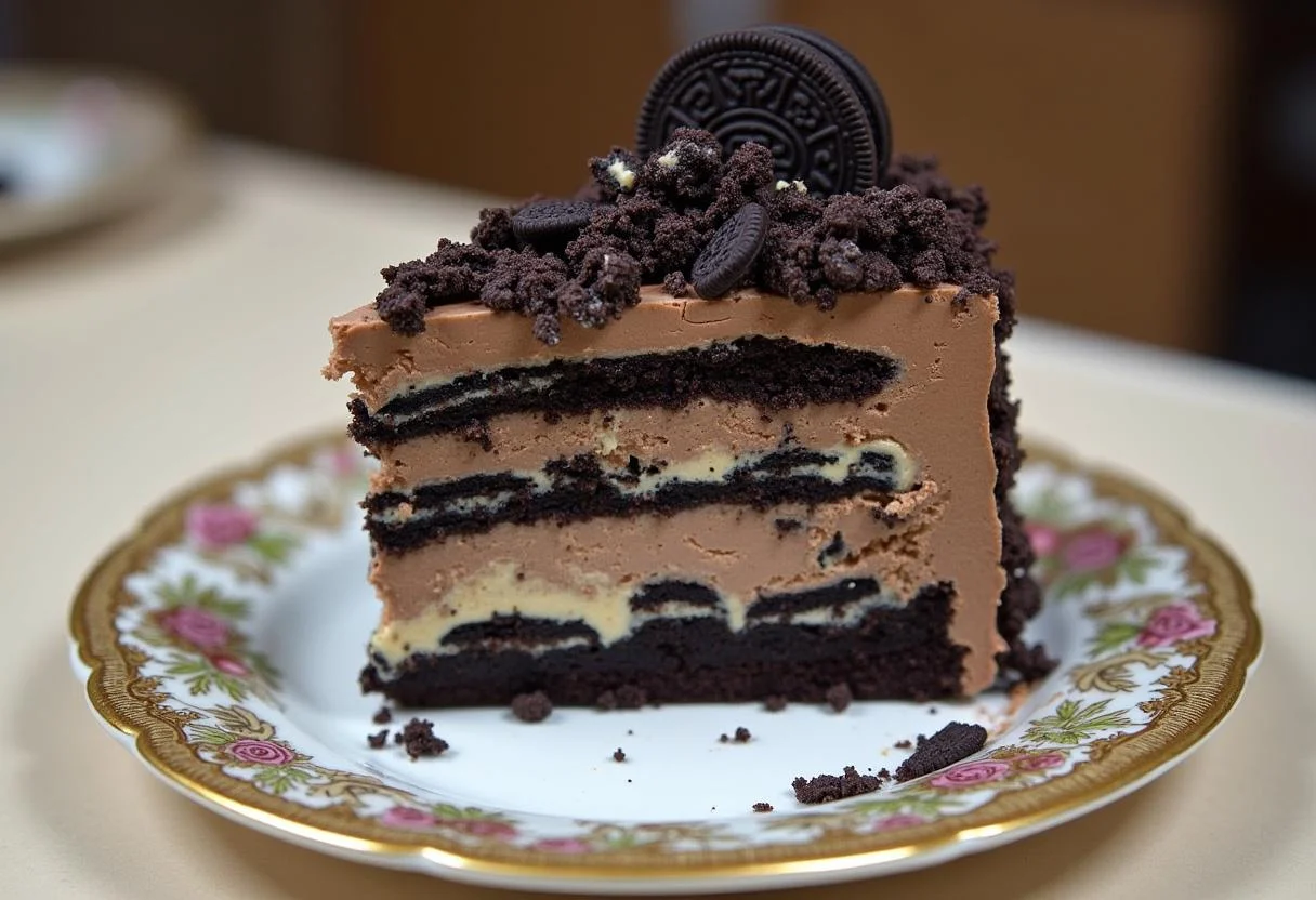 Fertiger Oreo-Kuchen mit Sahnecreme und Schokoladen-Biskuitkuchen, ideal zum Servieren.