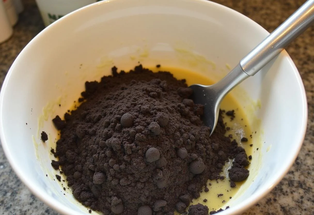 Zerkleinerte Oreo-Kekse und geschmolzene Butter in einer Schüssel für Oreo-Kuchen.
