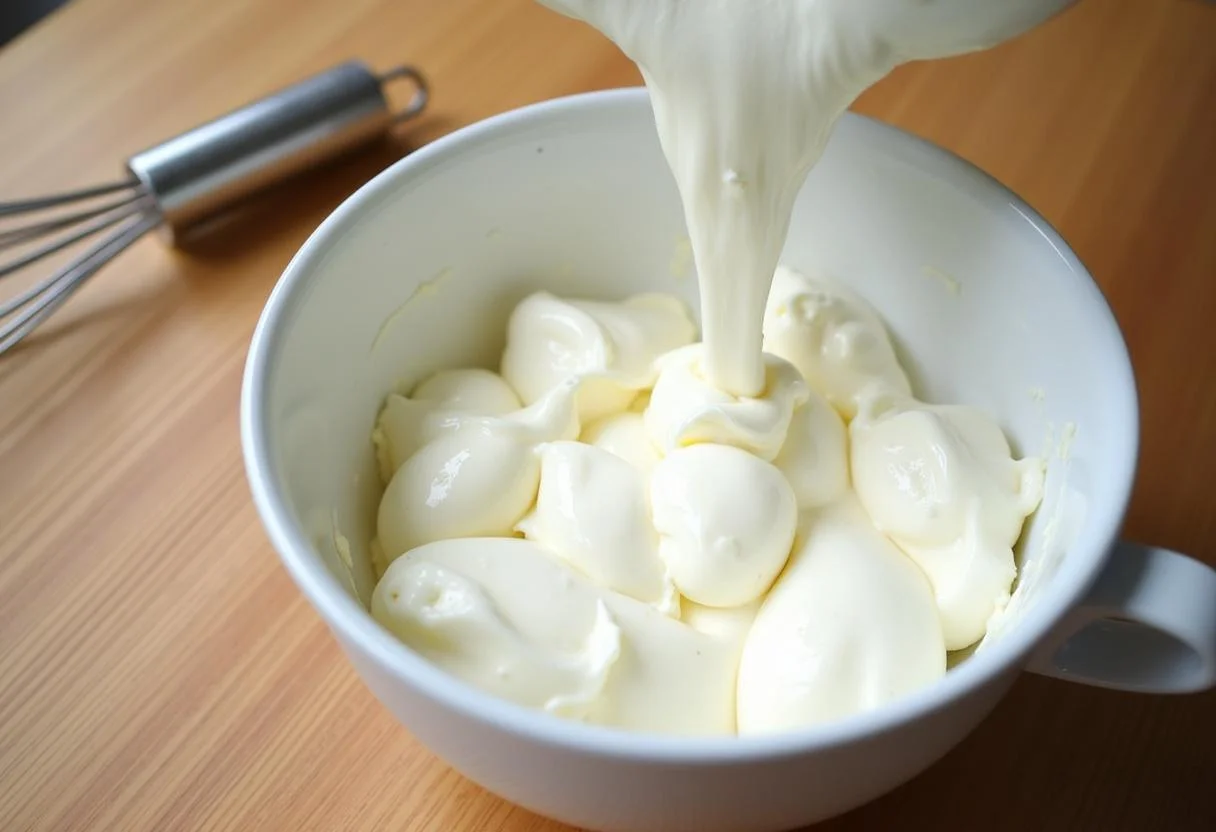 Sahne und Frischkäse werden für die Füllung des Oreo-Kuchens gemischt.
