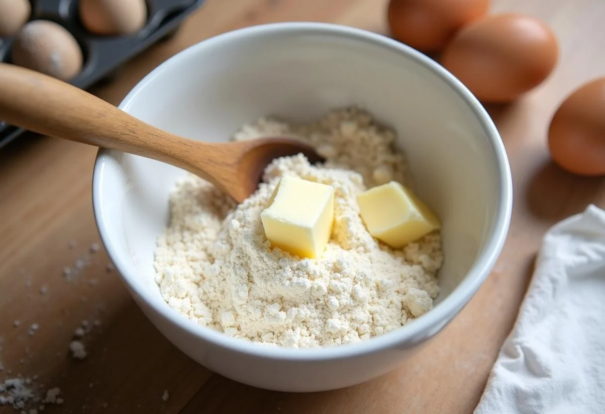 Mischung aus Mehl, Zucker und Butter für Pani Walewska-Kuchen auf der Küchenarbeitsplatte.