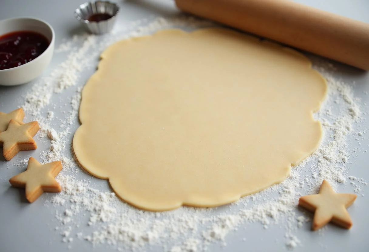 Teig für Pani Walewska-Kuchen wird auf einer bemehlten Fläche ausgewalzt.