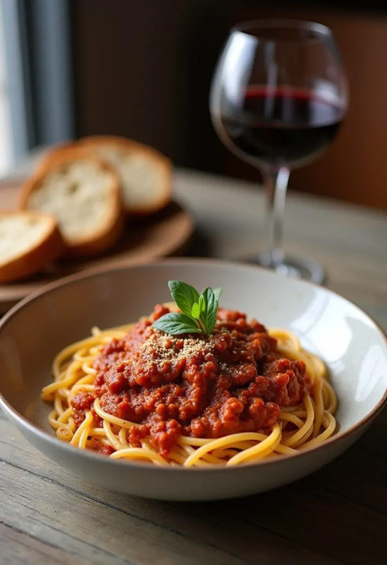 Finished Spaghetti Bolognese served with wine and bread, perfect for family dinners.